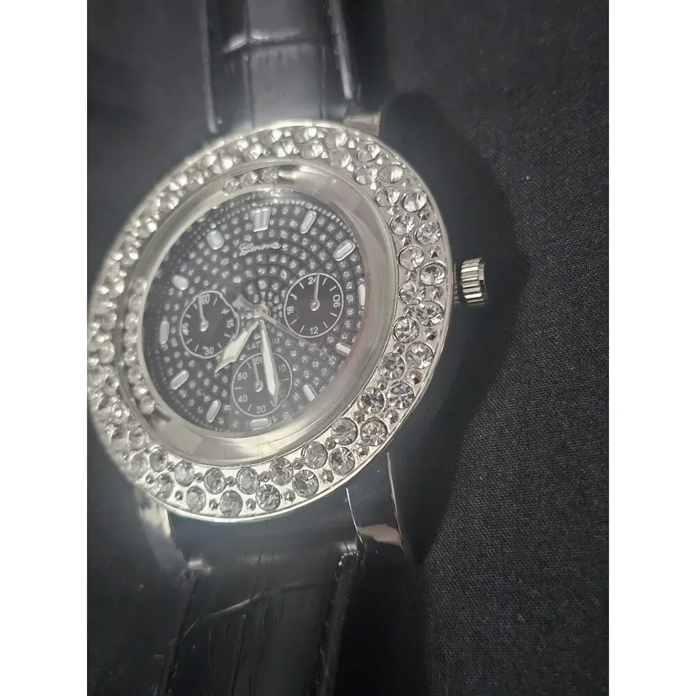 56.8mm silver crystal bezel Fashion Analog Quartz watch w/Genuine Leather Band